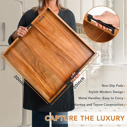 Large Ottoman Tray for Living Room and Coffee Table, Decorative Acacia Wood Serving Tray with Handles for Breakfast in Bed, Dinner Food Kitchen TV (Natural, 20" x 20" x 2")