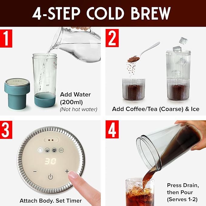 Mueller RapidBrew Cold Brew Iced Coffee Maker β 10 Min Fast Brew Portable Rechargeable Cold Brew Machine for Coffee & Tea β Adjustable Strength 10-99 Min β 20 Servings Per Charge, Mineral Blue