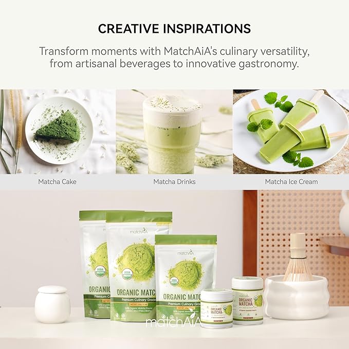 MatchAiA Organic Matcha Green Tea Powder - Premium Culinary Grade, USDA Certified, 100% Pure - Perfect for Lattes, Smoothies, Desserts and Baking - Sugar Free, Gluten Free (60g / 2.1oz Pouch)
