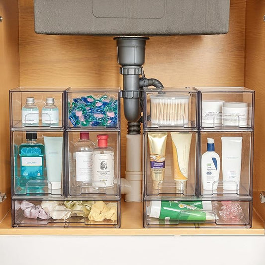 Vtopmart Stackable Storage Drawers Set of 8, Clear Plastic Organizer Bins for Bathroom Supplies,Ideal for Cabinet,Pantry,Laundry Room Organization