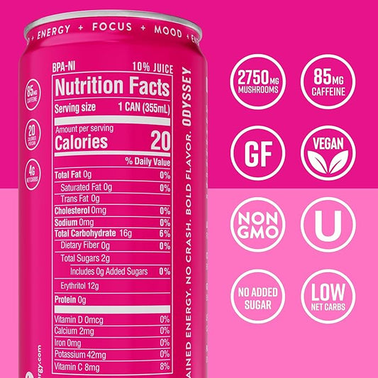Odyssey Functional Energy Drink for Focus, Cognition & Mood Support 12 Pack - Adaptogenic Drink with 85mg Green Tea Caffeine, Lion’s Mane, Cordyceps, L-Theanine & Ginseng, Dragon Fruit Lemonade
