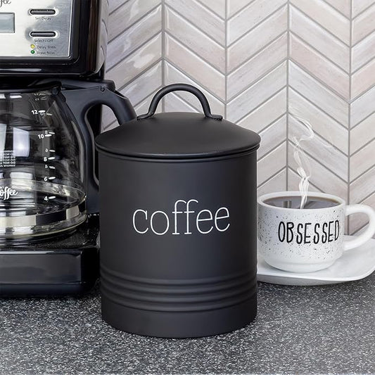 AuldHome Design Enamelware Black Coffee Canister; Modern Farmhouse Style Coffee Storage for Kitchen