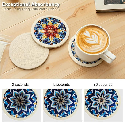 Indigo Floral Non-Slip Silicone Coasters, 4-Pack Double-Sided Absorbent Cup Mats for Hot & Cold Drinks, Scratch & Water Ring Protection for Wood Tables, Home Office Bar Use (4PC Wanda La)