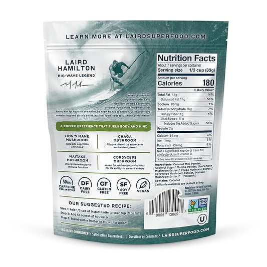 Laird Superfood Matcha Instant Latte with Adaptogens - Matcha Latte Green Tea Powder Packed with Antioxidants and Superfood Coconut Creamer - Gluten Free, Non-GMO, Vegan, 8 oz. Bag, Pack of 1