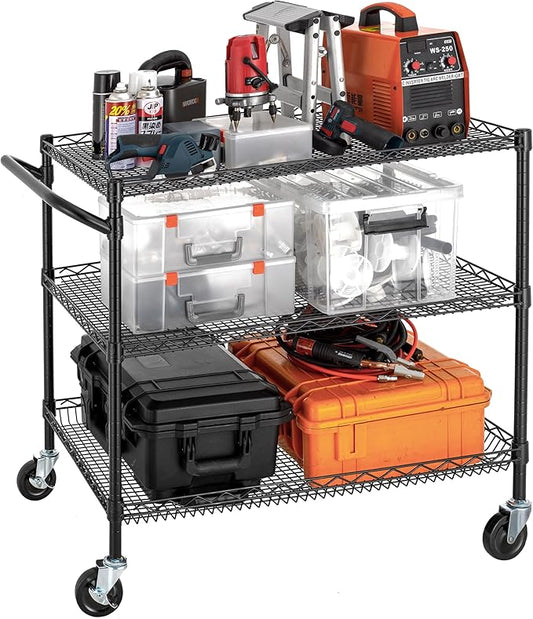 Finnhomy 3 Tier Heavy Duty Commercial Grade Utility Cart, Wire Rolling Cart with Handle Bar, Steel Service Cart with Wheels, Kitchen Carts on Wheels, Metal Cart Shelf Size 24" D x 36" W, NSF, Black