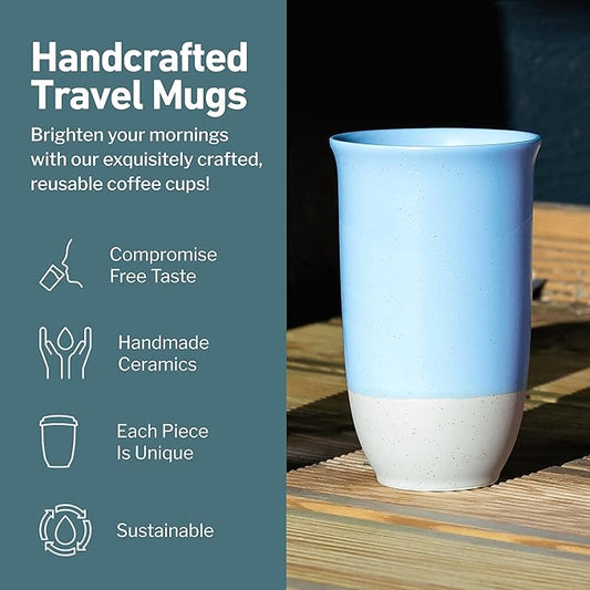 NOVA CERAMICS Travel Mug - Ceramic Coffee Mug With Lid – Microwave & Dishwasher Safe Coffee White & Grey Tumbler - Fits In Cup Holder – 16oz – Coastal Drift