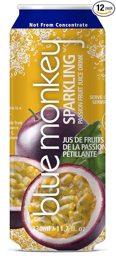 Blue Monkey Sparkling Passion Fruit Juice - Real Fruit Juice, No Sugar Added, All Natural, Lightly Carbonated, Halal Certified - Refreshing Tropical Sparkling Water Alternative - 11.2oz (330ml) 12 Pack