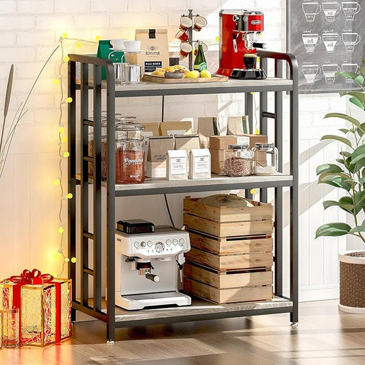 Bakers Rack with Power Outlet,Adjustable Microwave Stand with Storage,3-Tier Kitchen Shelves,Microwave cart Suitable for Kitchen,Dinning Room,Coffee Bar,Living,Greige
