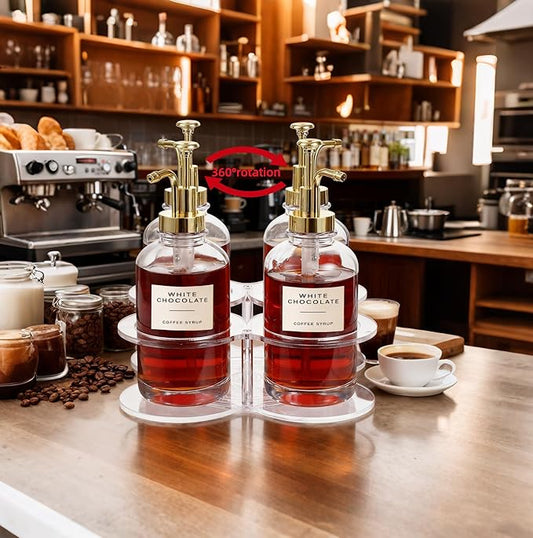 IEEK Rotating Coffee Syrup Organizer,Syrup Bottle Holder for Syrup Dispenser 16.9oz,Clear Acrylic Coffee Syrup Rack for Coffee Bar Station Countertop,Coffee Syrup Turntable Tray