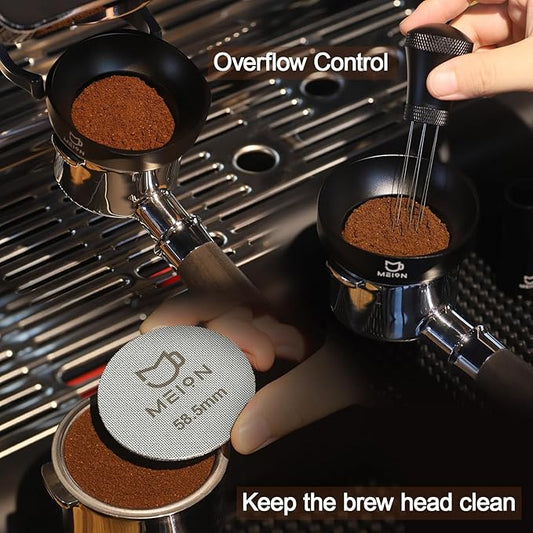 MEION 58mm Espresso Dosing Funnel and 58.5mm Puck Screen Set for 58mm Portafilters, Magnetic Coffee Portafilter Funnel, Reusable Espresso Puck Screen, Espresso Tools Espresso Accessories (58mm, Black)