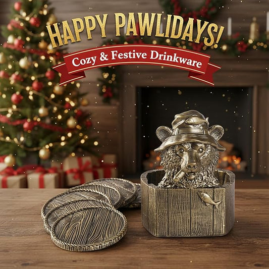 Cabin Coasters Set 6 Full Size Non-Slip Bar Coasters, Indoor Christmas Decorations, Man Cave Gifts for Men, Rustic Handmade Decor for The Home (Bear)