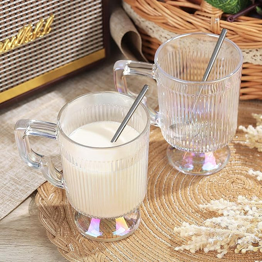 Joeyan Iridescent Glass Coffee Mugs,Vintage Ribbed Coffee Cups with Handle,Tea latte Cappuccino Espresso Milk Cups,Rainbow Drinking Glasses,12 oz,Set of 2