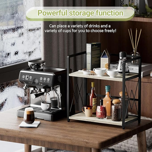 Aduanbang Coffee Bar Accessories Organizer, Seasoning Organizer, 2 Tier Wooden Kitchen Counter Shelf, Coffee Organizer Station for Countertop, Coffee Condiment Rack for Mugs, Cups, Cream, Syrup