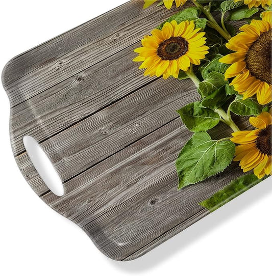 Serving Tray Decorative Tray with Handles Multi-Purpose Rectangular Serving Trays for Restaurant, Parties, Coffee Table, Kitchen - Sunflower Wood Grain Background