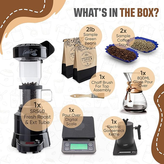 Fresh Roast Coffee Roaster Bundle SR540, Glass Extension Tube, Pour Over Digital Scale, 800ML Glass Pour Over, Electric Kettle, (2lbs) Sample Pack of Green Beans, (2-Pack) Sample Trays, Chaff Brush
