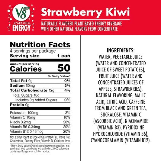 V8 +ENERGY Strawberry Kiwi Energy Drink, Made with Real Vegetable and Fruit Juices, 11.5 FL OZ Can (6 Packs of 4)