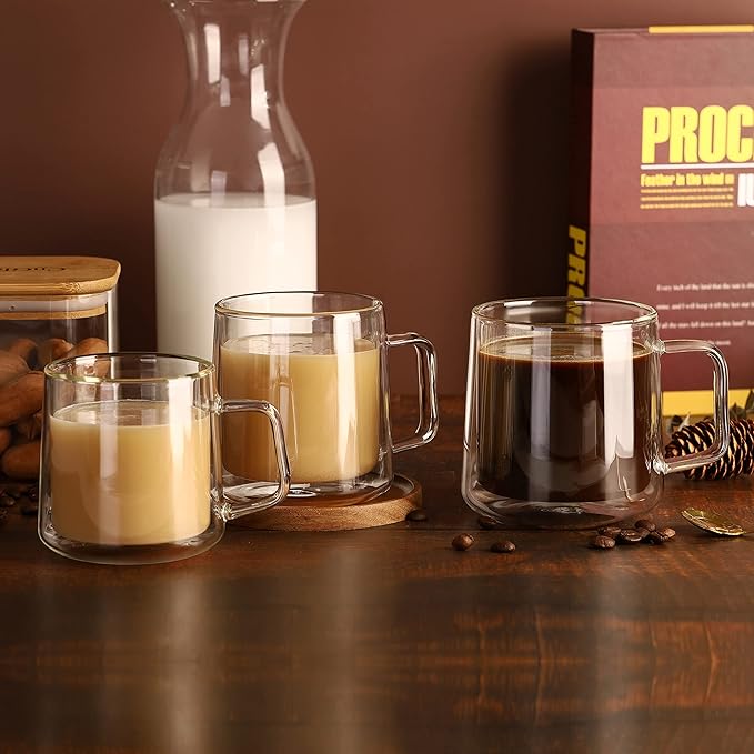 CNGLASS Double Walled Glass Coffee Mugs,15oz(1-pack) Insulated Glass Mugs with Handle,Clear Espresso Cups for Latte,Cappuccino,Tea Bag