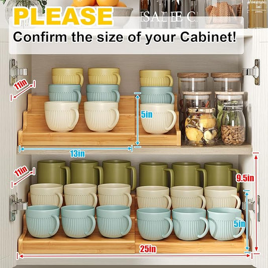 3-Tier Expandable Bamboo Mug Holder For Countertop Coffee Cup Holder Display Mug Organizer Mug Rack for Coffee Bar Organizer Mug Shelf for Cabinet for Kitchen, Home