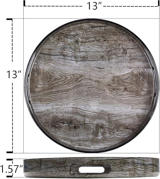 MAONAME 13" Round Decorative Tray, Plastic Tray with Handles, Coffee Table Trays, Serving Trays for Ottoman, Bathroom, Kitchen (Sticker Wood Grain)