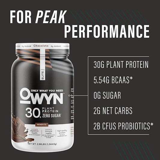 OWYN Only What You Need Pro Elite Chocolate Flavored Protein Powder, 32g Protein, 0g Sugar, 3g Fiber, High Protein, Dairy Free, Gluten Free, Plant Based Protein Powder, 2.9LB