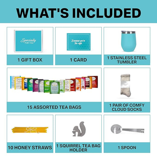 Tea Gifts for Women – Sampler Gift Basket with 15 Unique Blends, Honey Sticks, Stainless Tumbler, Cozy Socks & Gift-Ready Box (Cozy Socks -Teal)