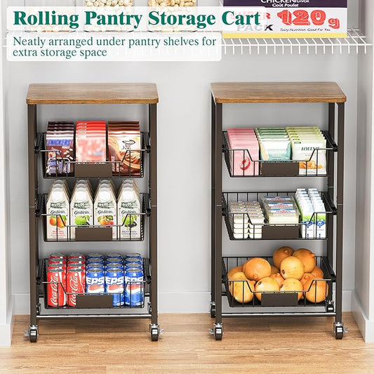 Kitchen Storage Cart with Wheels, 4-Tier Metal Utility Rolling Cart Fruit Vegetable Storage Basket Pantry Rack with Wood Top & Pull Out Baskets for Kitchen, Livingroom, Diningroom, Office