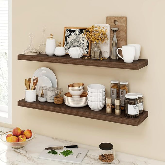 40 Inch Floating Shelves, 9.3" Deep Floating Shelf Wall Mounted, 40" Wall Shelves, Rustic Deep Bookshelf, Large Display Shelves & Storage Shelves for Bedroom, Living Room, Walnut, Set of 2