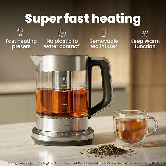Vianté Electric Kettle With Infuser. No Plastic In Contact With Water. Hot Tea Maker With Temperature Control And Automatic Shut Off. Tea Kettle With Brewing Programs. 1.5 Liters Capacity