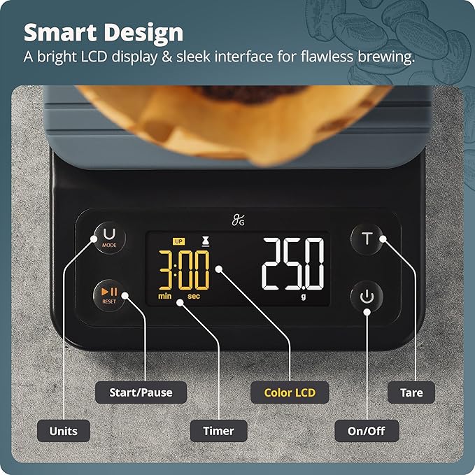 Greater Goods Coffee Scale with Timer ā 0.1g Precision Digital Coffee & Espresso Scale for Pour-Over, Coffee Bean Weighing, Barista Brewing, Waterproof Cover, 3kg Capacity (Stone Blue)