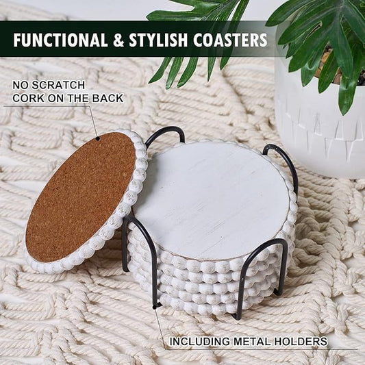 GENMOUS 6 Pack Farmhouse Wooden Bead Coasters with Metal Holder for Coffee Table Decor, Round Handmade Cup Coasters Set for Drinks Absorbent, Rustic Cute Coaster for Home Kitchen Table Décor