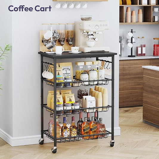 SWTYMIKI Rolling Kitchen Storage Cart - 4 Tier Microwave Table Stand with 6 Storage Baskets, Coffee Bar with Wheels, Kitchen Utility Cart Shelf Rack Organizer for Fruit, Vegetables, Potato (Black)