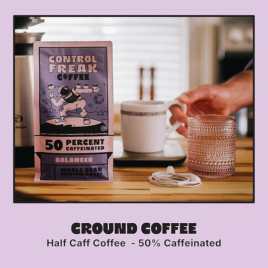 Control Freak Coffee Balanced – 50% Caffeine Ground Coffee (12 Oz) | Half Caff Coffee Blend for Smooth Focus, Full Flavor for Half the Buzz | Sugarcane Decaf, Freshly Roasted Coffee Beans