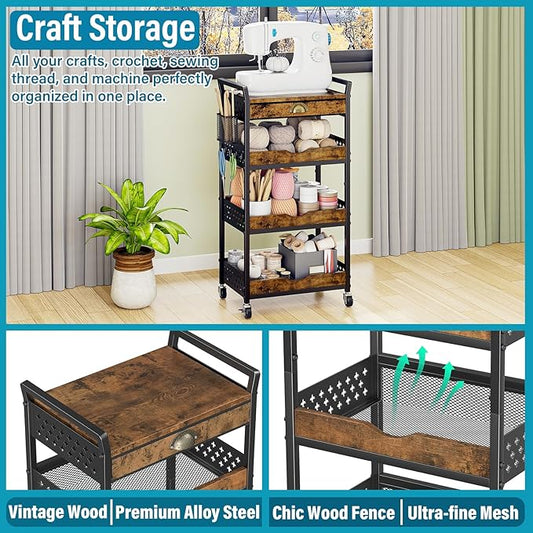 Rolling Cart Organizer with Removable Drawer, 4-Tier Art and Craft Storage Cart, Nail Makeup Organizer, Metal Utility Cart with Wheels for Kitchen Bathroom Essentials, Coffee Supplies, Snack