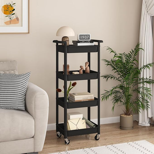 MIOCASA Utility Rolling Cart with Detachable Tray Top, 4-Tier Kitchen Storage Organization, Art Cart with Wheels for Office, Classroom, Livingroom, Kitchen, Bathroom (Black, 4-Tier-Plastic)