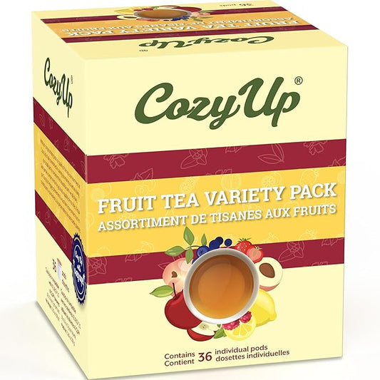 Cozy Up Iced Sweet Fruit Black Tea K-Cup Variety Pack, 36 Count, Guilt-Free Zero Calorie Sweetness - Compatible with Keurig - Lemon, Tropical, Berry, Passion Fruit, Apple & Peach - Single Serve Pods for Brew Over Ice
