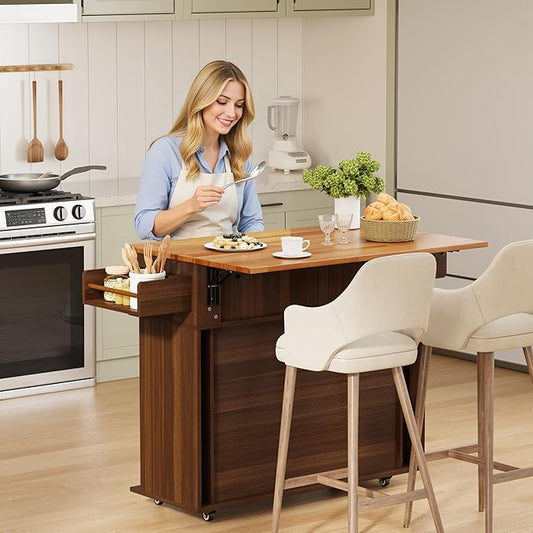 DHH Rolling Kitchen Island with Drop Leaf Countertop&Ample Storage - 39.4" Small Mobile Kitchen Cart On Wheels with Sliding Door,Drawers,Spice Rack & 2-Tier Storage (Walnut)