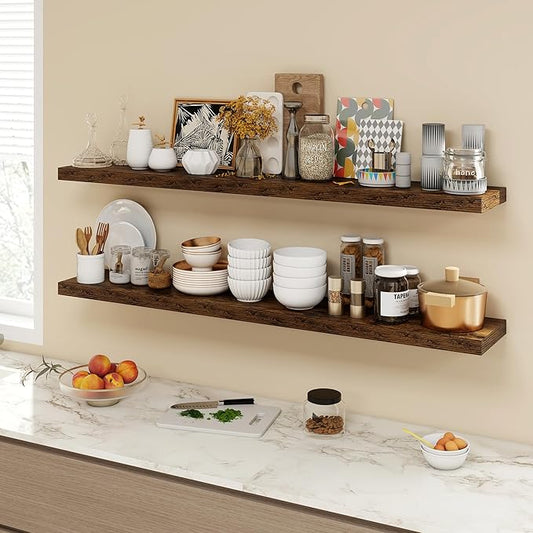 55 Inch Floating Shelves, 9.3" Deep Floating Shelf Wall Mounted, 56" Wall Shelves, Rustic Deep Bookshelf, Large Display Shelves & Storage Shelves for Bedroom, Living Room, Brown, Set of 1