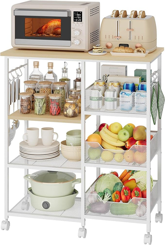 HapiRm Rolling Kitchen Cart with Storage – Microwave Stand, 3 Wire Baskets, 6 Hooks, Lockable Wheels, Coffee Bar & Dining Room Organizer