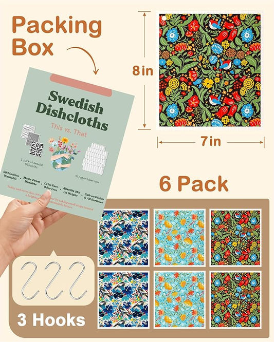 Kitchen Swedish Dishcloths with Hooks - 6 Pack Reusable Dish Cloths for Washing Dishes Fast Drying Cute Fun Swedish Dish Towels Washable Cleaning Sponge, Full Blown Flowers