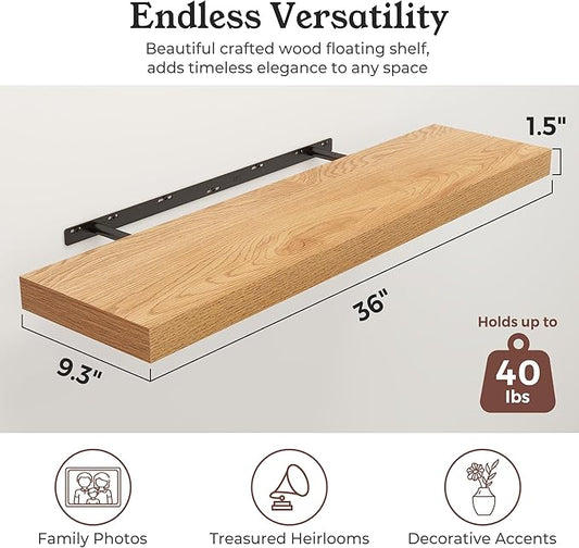 Floating Shelves for Wall, 9.3" Deep Wall Mounted Wood Shelves for Bathroom, Bedroom, Living Room, Kitchen, Hanging Shelf for Books/Storage/Room Decor (Oak, 36")