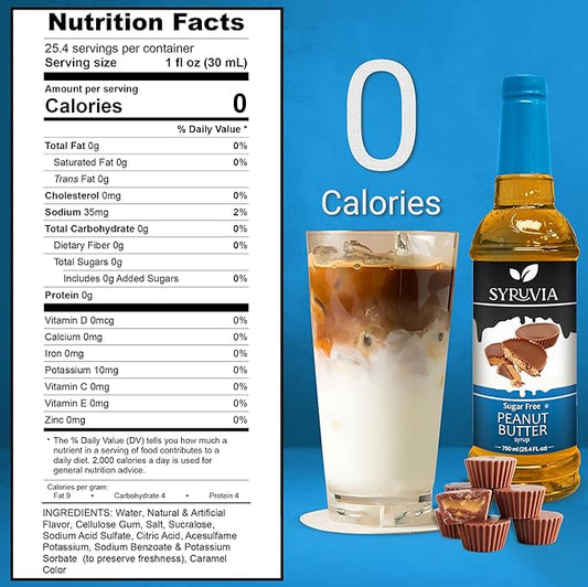 Syruvia Sugar Free Coffee Syrup, Peanut Butter Cup Flavored Syrup for Drinks, Lattes, and Desserts – 25.4 fl oz, With Pump