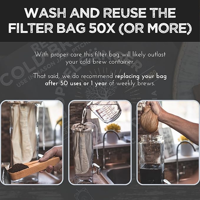 (1-Pack, Medium 8in x 12in) Organic Cotton Cold Brew Coffee Bag - Designed in California - Reusable Coffee Filter with EasyOpen Drawstring Cold Brew Maker for Pitchers, Mason Jars, & Toddy Systems