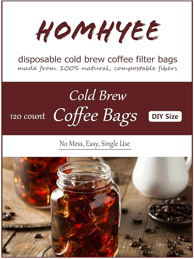 HOMYHEE No Mess Cold Brew Coffee Filters - 120 Count Disposable Fine Mesh Brewing Bags for Concentrate/Iced Coffee Maker, French/Cold Press Kit, Hot Tea in Mason Jar or Pitcher, 4 x 6 Inches