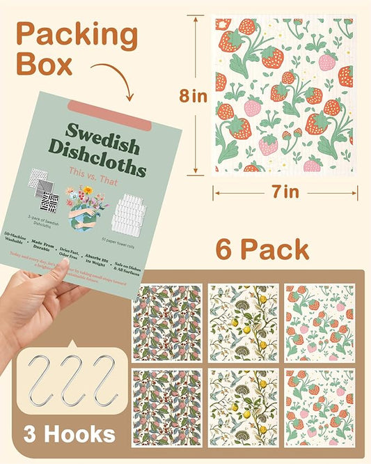 Kitchen Swedish Dishcloths with Hooks - 6 Pack Reusable Dish Cloths for Washing Dishes Fast Drying Cute Fun Swedish Dish Towels Washable Cleaning Sponge, Trees Fruits