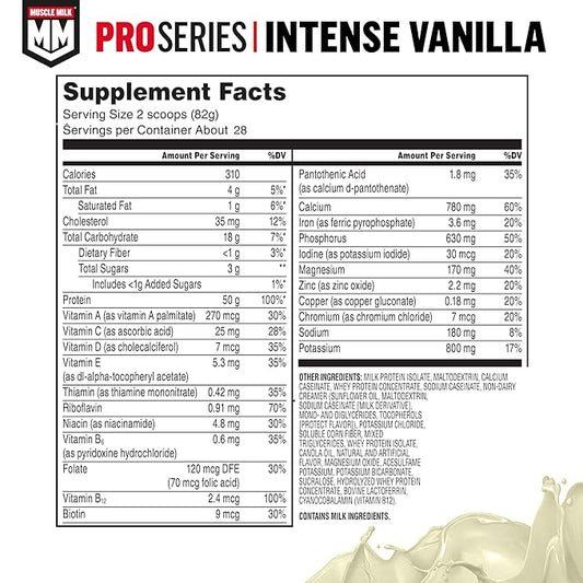 Muscle Milk Pro Series Protein Powder Supplement, Intense Vanilla, 5 Pound, 28 Servings, 50g Protein, 3g Sugar, 20 Vitamins & Minerals, NSF Certified for Sport, Workout Recovery, Packaging May Vary