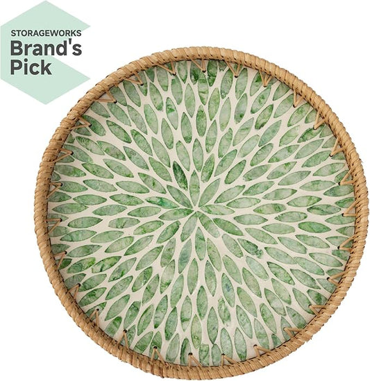 StorageWorks Decorative Coffee Table Trays for Home Decor, Round Rattan Tray with Mother of Pearl Inlay, Small Wicker Woven Serving Tray Decor for Kitchen Counter, Living Room and Ottoman, Green