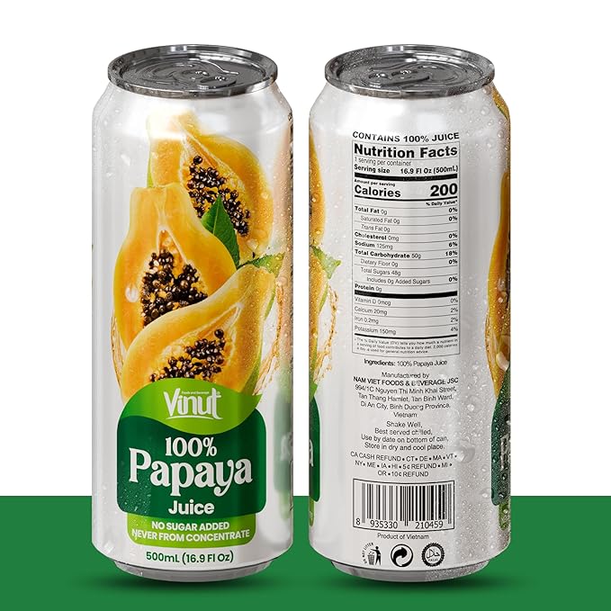 VINUT 100% Papaya Juice, No Added Sugar, Not From Concentrate, 16.9 fl oz (500 mL) Can, Pack of 6