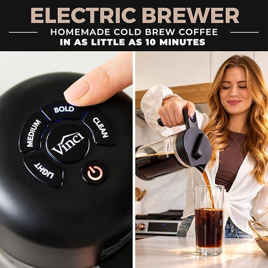 VINCI Express Cold Brew, Electric Cold Brew Coffee Maker in 10 minutes, 3 Brew Strength Settings & Cleaning Cycle, Easy to Use & Clean, Glass Carafe (2.0 Liters / 68 Fl.oz) Capacity