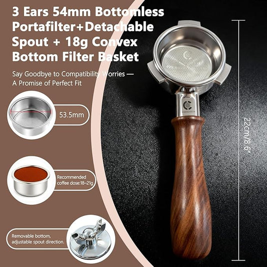 Espresso Accessories, 54mm Bottomless Portafilter with Detachable Double Spout, 18g Convex Filter Basket, 3-Ear Design, Walnut Wood Handle, Compatible with Breville 54mm Espresso Machines