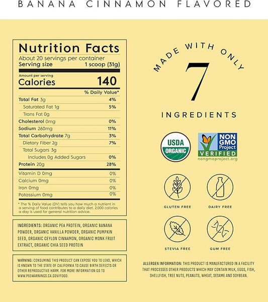 Truvani Vegan Pea Protein Powder | Banana Cinnamon | 20g Organic Plant Based Protein | 20 Servings | Keto | Gluten & Dairy Free | Low Carb | No Added Sugar